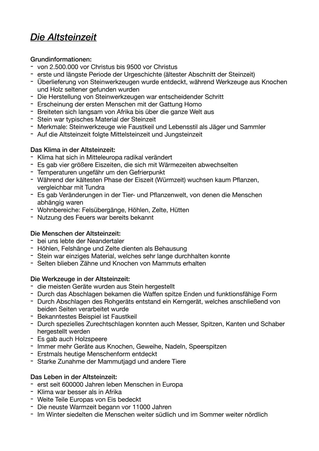 Die Altsteinzeit
Welche Merkmale gibt es und wie lebten die Menschen zu der Zeit? Die Altsteinzeit
Grundinformationen:
- von 2.500.000 vor C
