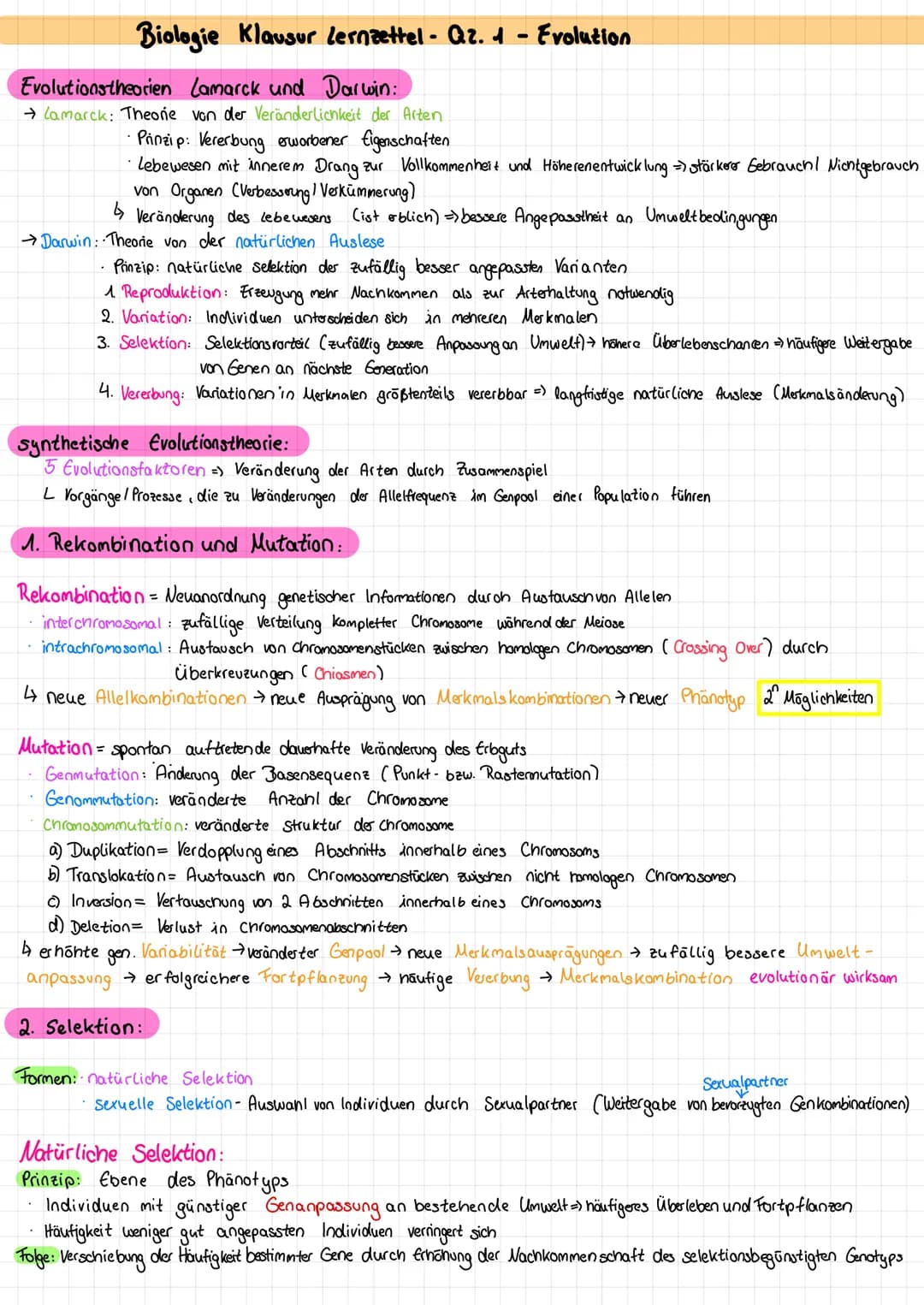 Biologie Klausur lernæettel - Q2. 1 - Evolution
Evolutionstheorien lamarck und Darwin:
→ Lamarck: Theone von der Veränderlichkeit der Arten
