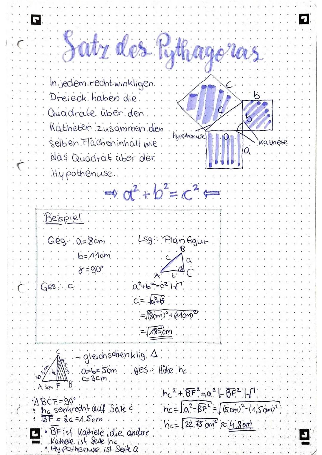 # Satz des Pythagoras

In jedem recht winkligen.
Dreieck, haben die.
Quadrate über den.
Katheter zusammen.den
Selben Flächeninhalt wie
das Q
