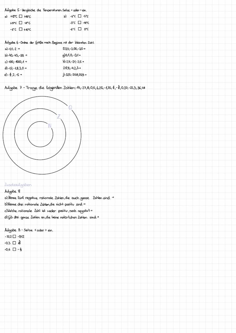 Rationale Zahlen
1. Rationale Zahlen darstellen und ordnen n
•rationale Zahlen: 0₁-1, +1, +3; -34,-8,2; +23,13, + £;-&
ganze Zahlen:0;-1; +3