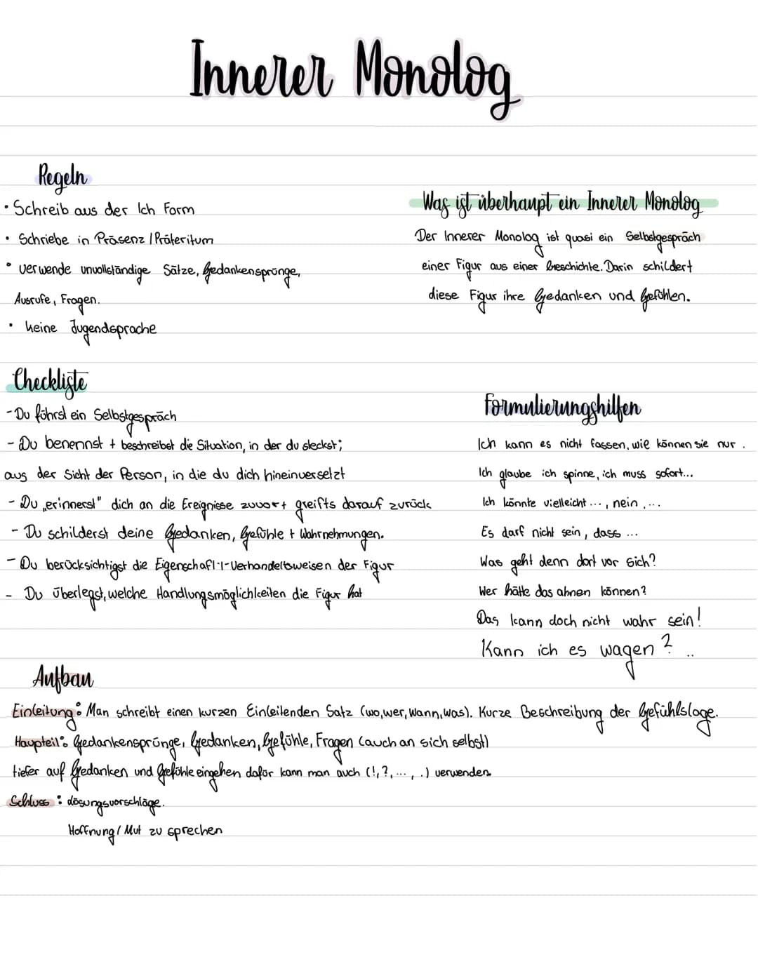 Regeln
•Schreib aus der Ich Form
Schriebe in Präsenz / Práteritum.
verwende unvollständige Sätze, bedankensprünge,
Ausrufe, Fragen.
keine Ju
