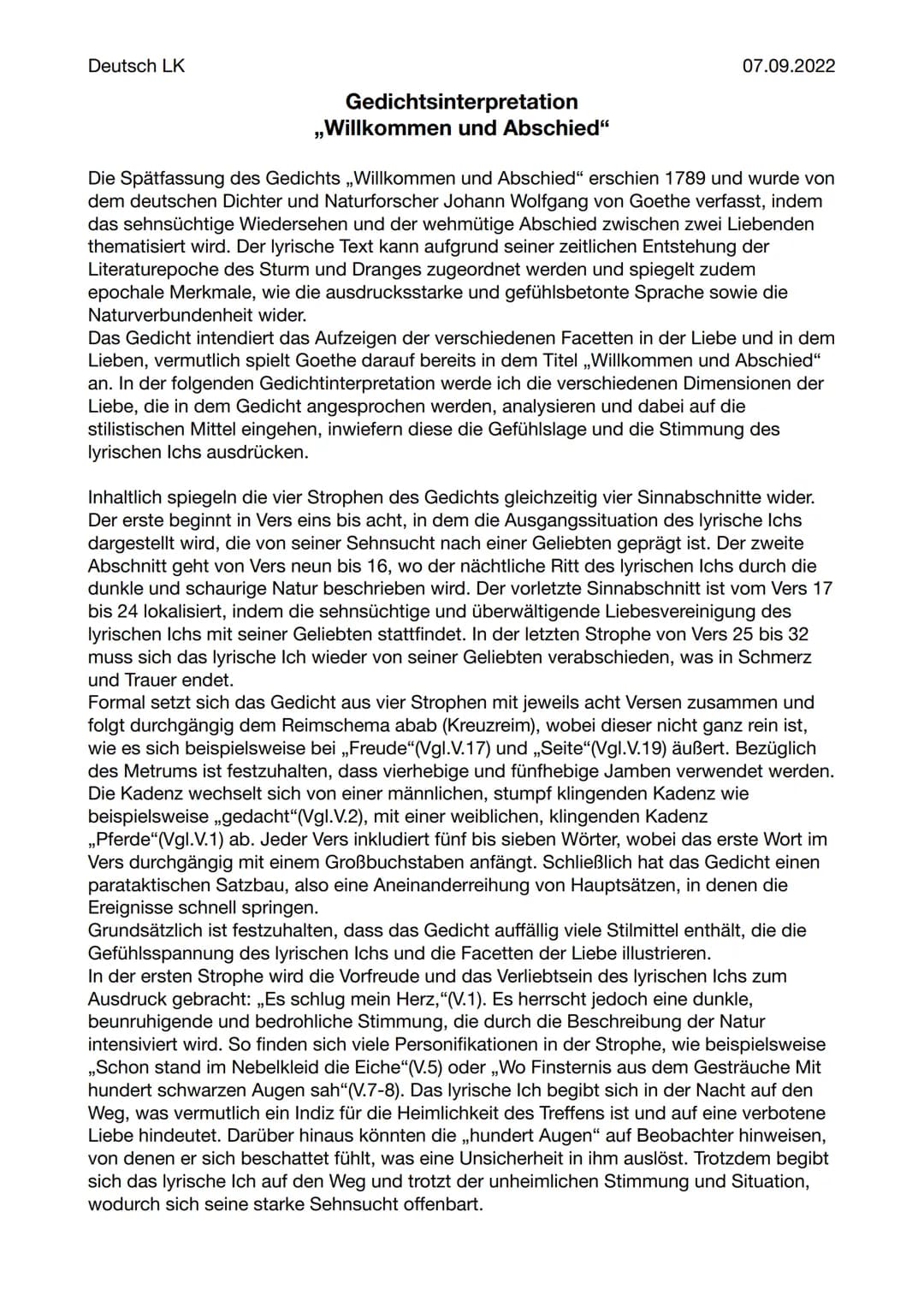 Deutsch LK
Gedichtsinterpretation
,Willkommen und Abschied"
39
07.09.2022
Die Spätfassung des Gedichts „Willkommen und Abschied" erschien 17