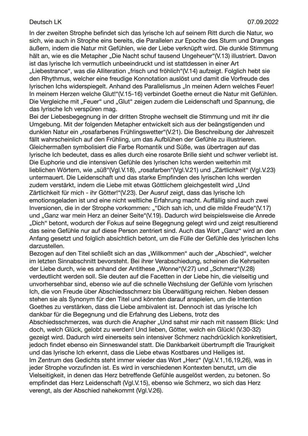 Deutsch LK
Gedichtsinterpretation
,Willkommen und Abschied"
39
07.09.2022
Die Spätfassung des Gedichts „Willkommen und Abschied" erschien 17