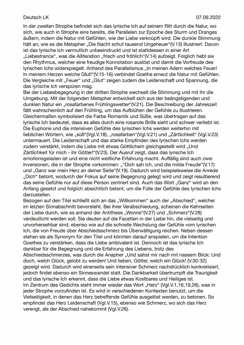 Deutsch LK
Gedichtsinterpretation
,Willkommen und Abschied"
39
07.09.2022
Die Spätfassung des Gedichts „Willkommen und Abschied" erschien 17