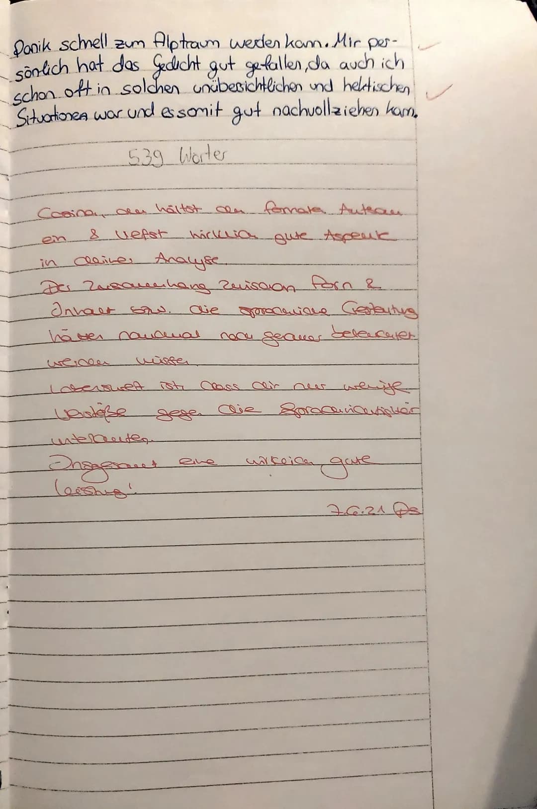 Name:
Cosima
3. Klassenarbeit im Fach Deutsch am 31.05.2021
Aufgabenstellung:
Analysiere das vorliegende Gedicht nach den dir bekannten Rege