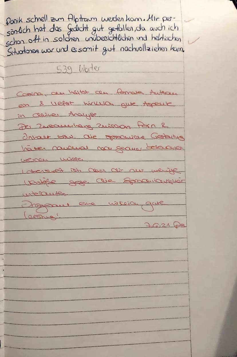Name:
Cosima
3. Klassenarbeit im Fach Deutsch am 31.05.2021
Aufgabenstellung:
Analysiere das vorliegende Gedicht nach den dir bekannten Rege