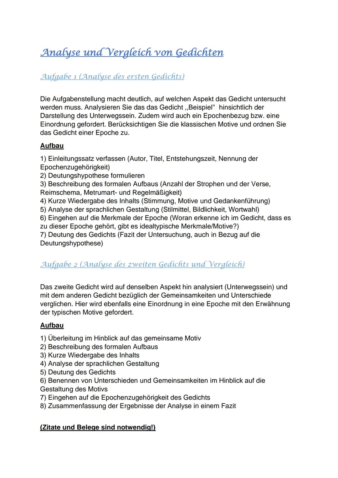 Analyse und Vergleich von Gedichten
Aufgabe 1 (Analyse des ersten Gedichts)
Die Aufgabenstellung macht deutlich, auf welchen Aspekt das Gedi
