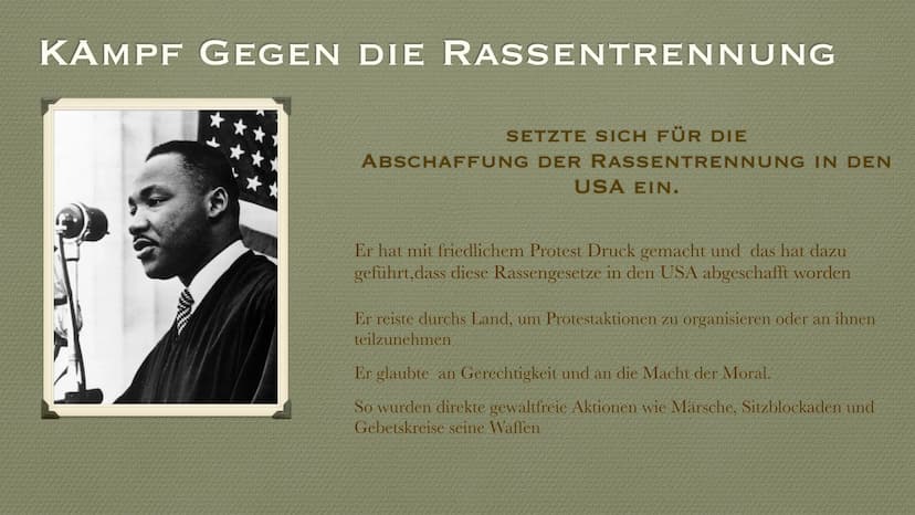 MARTIN LUTHER KING
WAR ER EIN MODERNER PROPHET? ÜBERBLICK
WER WAR MARTIN LUTER KING?
FÜR WAS SETZTE ER SICH EIN?
SEINE REDE „I HAVE A DREAM"