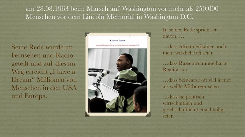 MARTIN LUTHER KING
WAR ER EIN MODERNER PROPHET? ÜBERBLICK
WER WAR MARTIN LUTER KING?
FÜR WAS SETZTE ER SICH EIN?
SEINE REDE „I HAVE A DREAM"