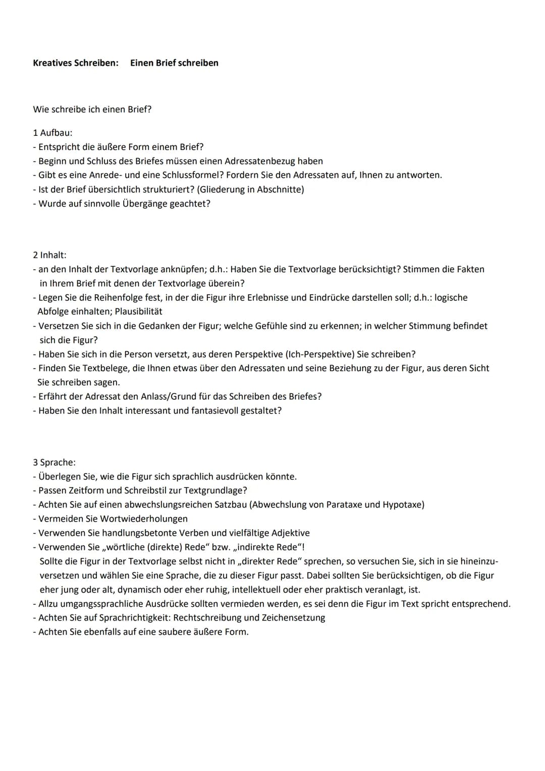 Kreatives Schreiben: Einen Brief schreiben
Wie schreibe ich einen Brief?
1 Aufbau:
- Entspricht die äußere Form einem Brief?
- Beginn und Sc