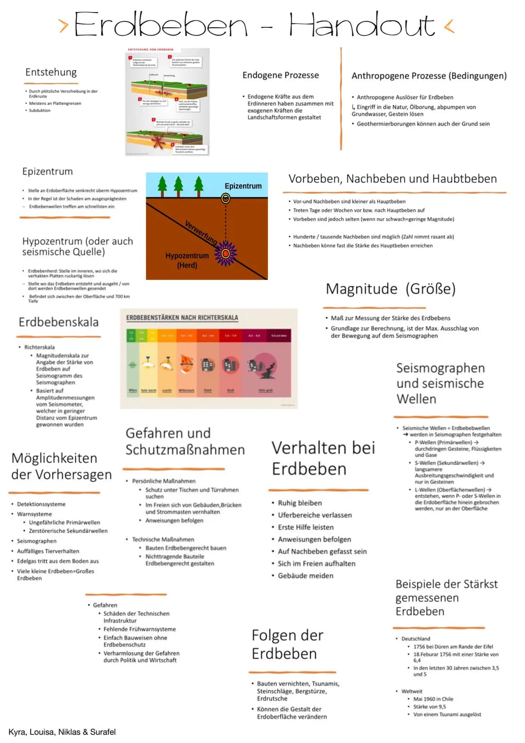 Entstehung
. Durch plötzliche Verschiebung in der
Erdkruste
Erdbeben - Handout <
. Meistens an Plattengrenzen
• Subduktion
Epizentrum
• Stel