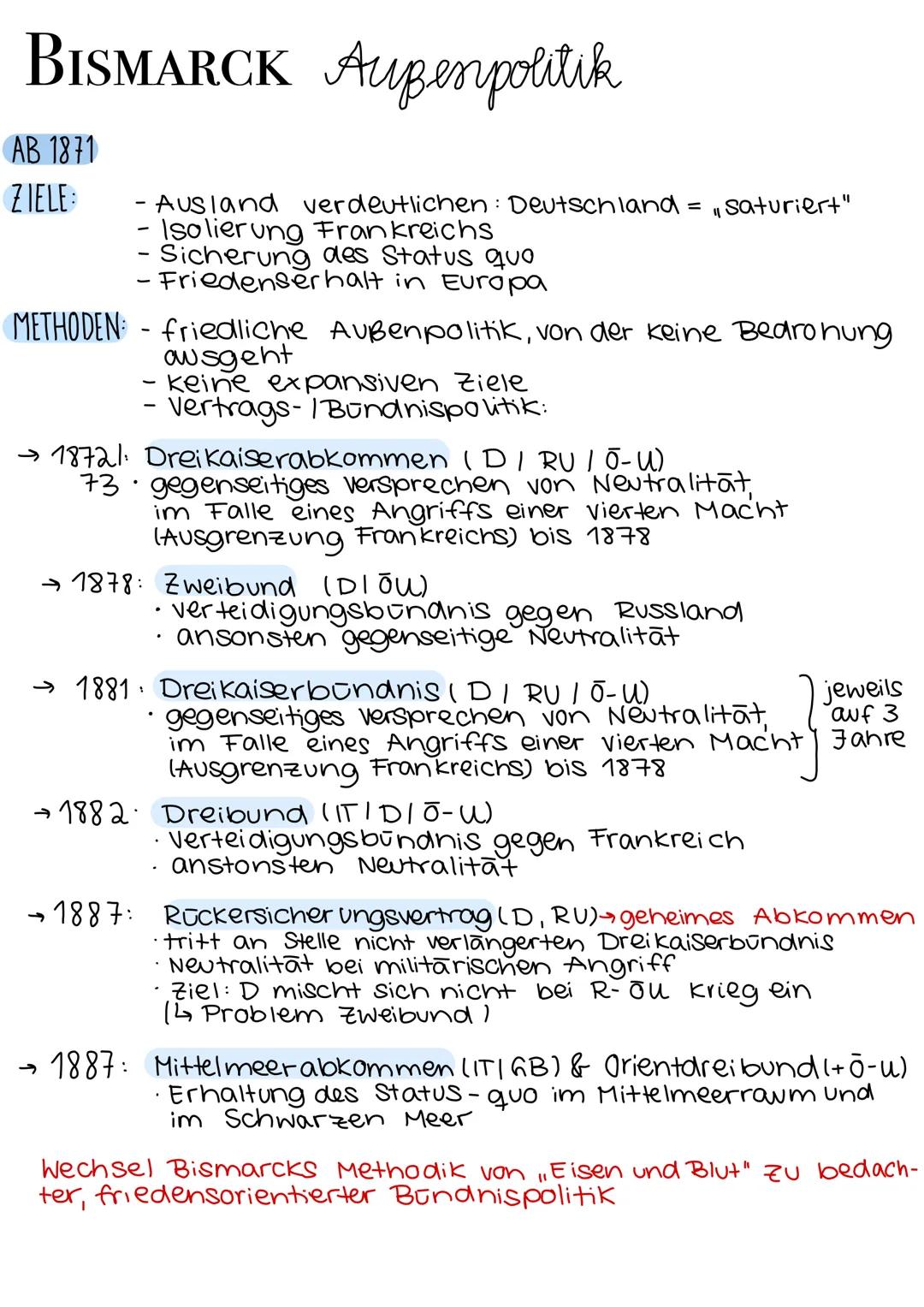 # BISMARCK Außenpolitik

AB 1871

ZIELE:

- Ausland verdeutlichen: Deutschland = saturiert"
- Isolierung Frankreichs
- Sicherung des Status 