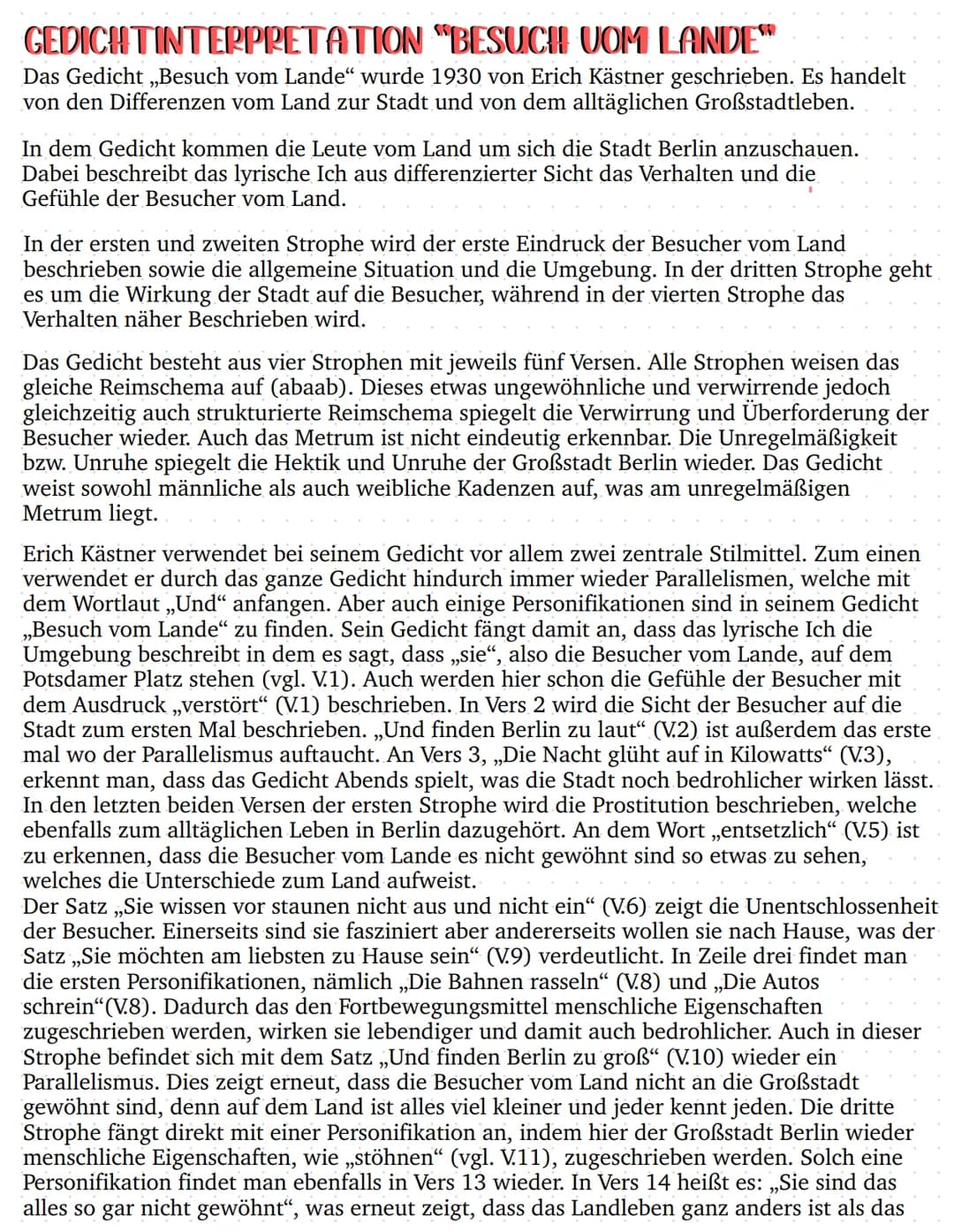 GEDICHTINTERPRETATION "BESUCH UOM LANDE"
Das Gedicht „Besuch vom Lande" wurde 1930 von Erich Kästner geschrieben. Es handelt
von den Differe
