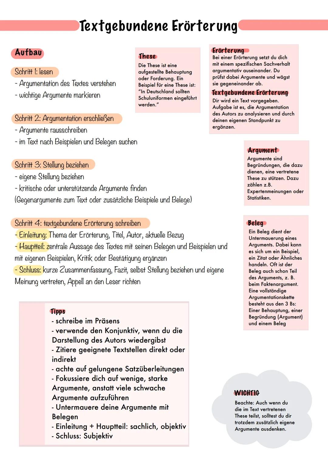 # Aufbau
Schritt 1: lesen
- Argumentation des Textes verstehen
- wichtige Argumente markieren

Schritt 2: Argumentation erschließen
- Argume