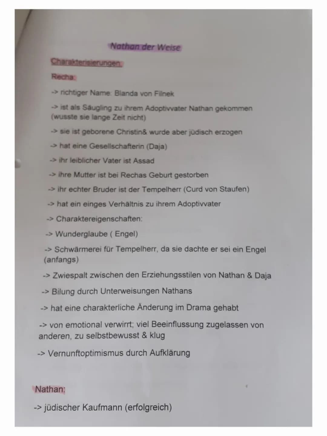 Charakterisk
Recha
Nathan der Weise
en
→> richtiger Name: Blanda von Filnek
→→ist als Säugling zu ihrem Adoptivvater Nathan gekommen
(wusste