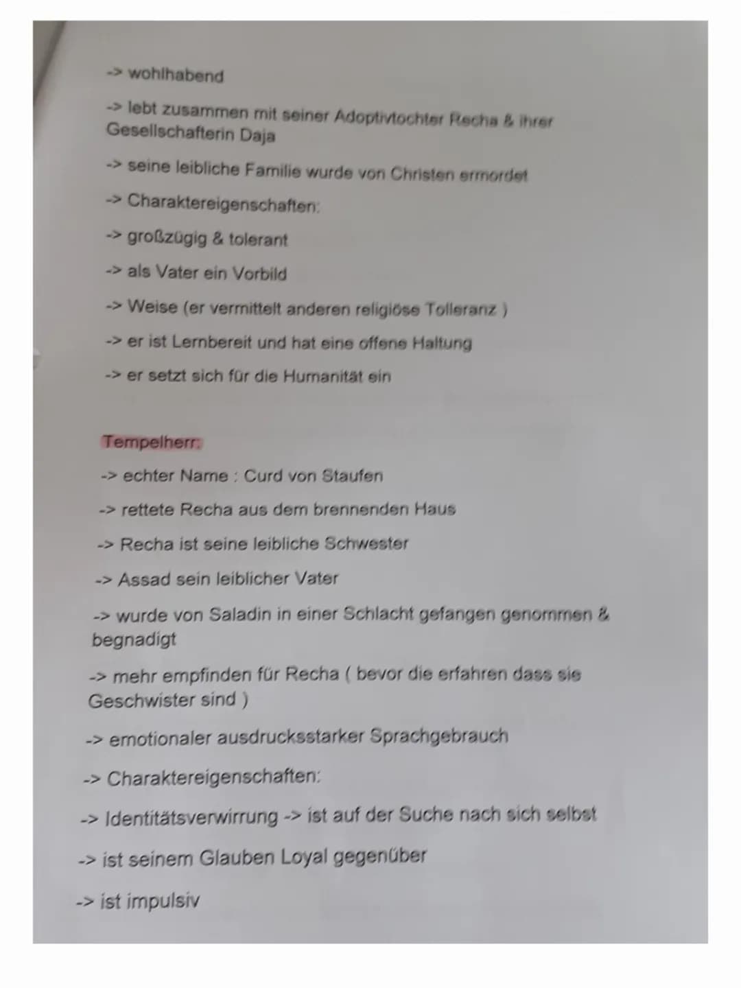 Charakterisk
Recha
Nathan der Weise
en
→> richtiger Name: Blanda von Filnek
→→ist als Säugling zu ihrem Adoptivvater Nathan gekommen
(wusste