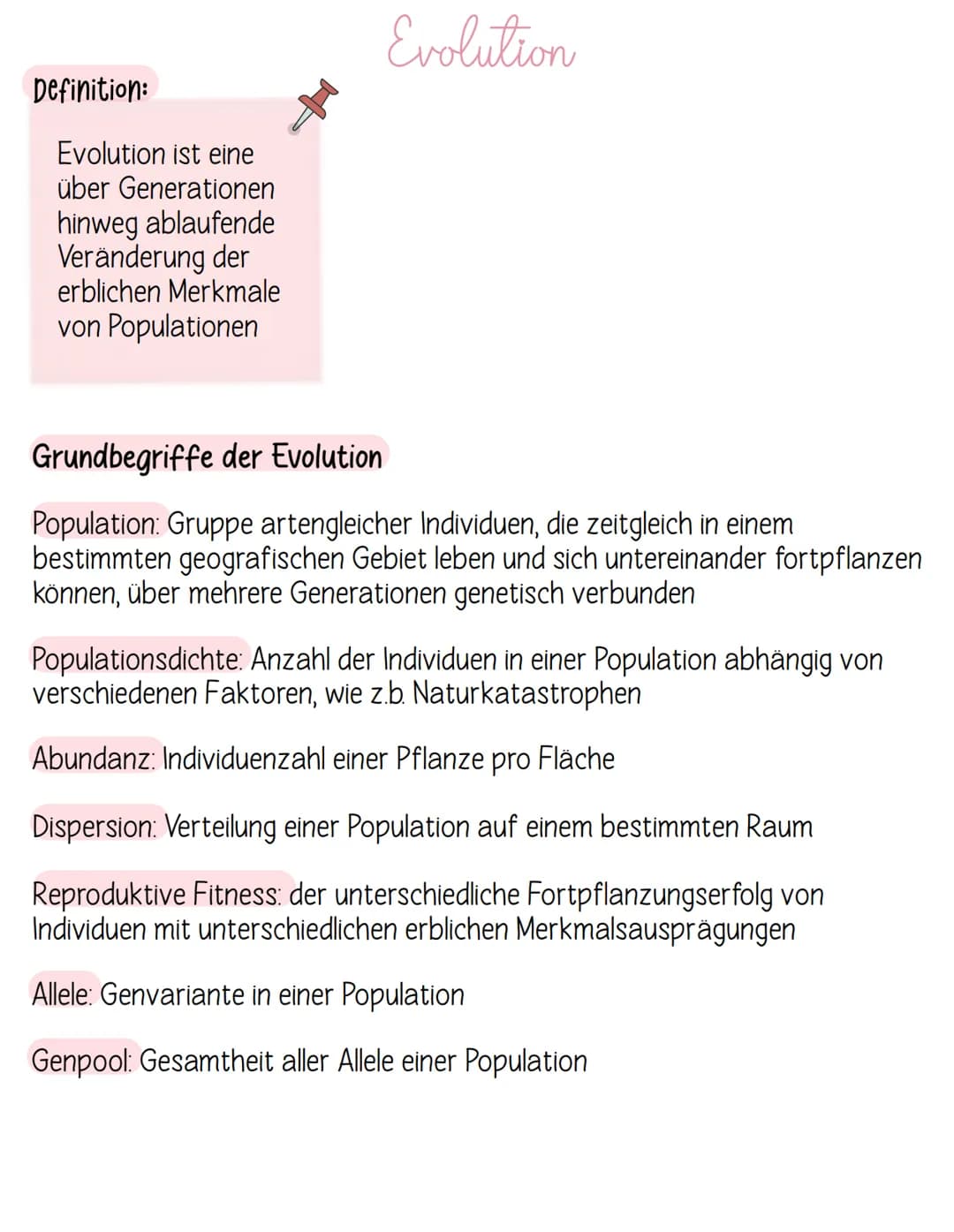 Definition:
Evolution ist eine
über Generationen
hinweg ablaufende
Veränderung der
erblichen Merkmale
von Populationen
Evolution
Grundbegrif