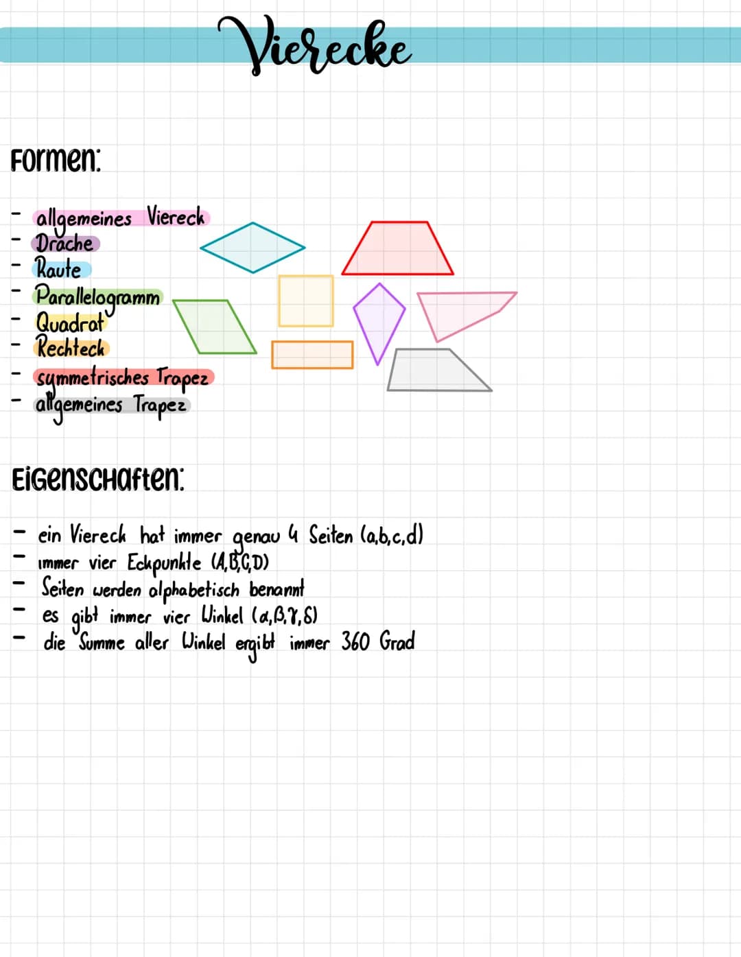 Formen:
-
allgemeines Viereck
Drache
Raute
Parallelogramm
Quadrat
Rechteck
symmetrisches Tropez
allgemeines Trapez
Vierecke
DE
Eigenschaften