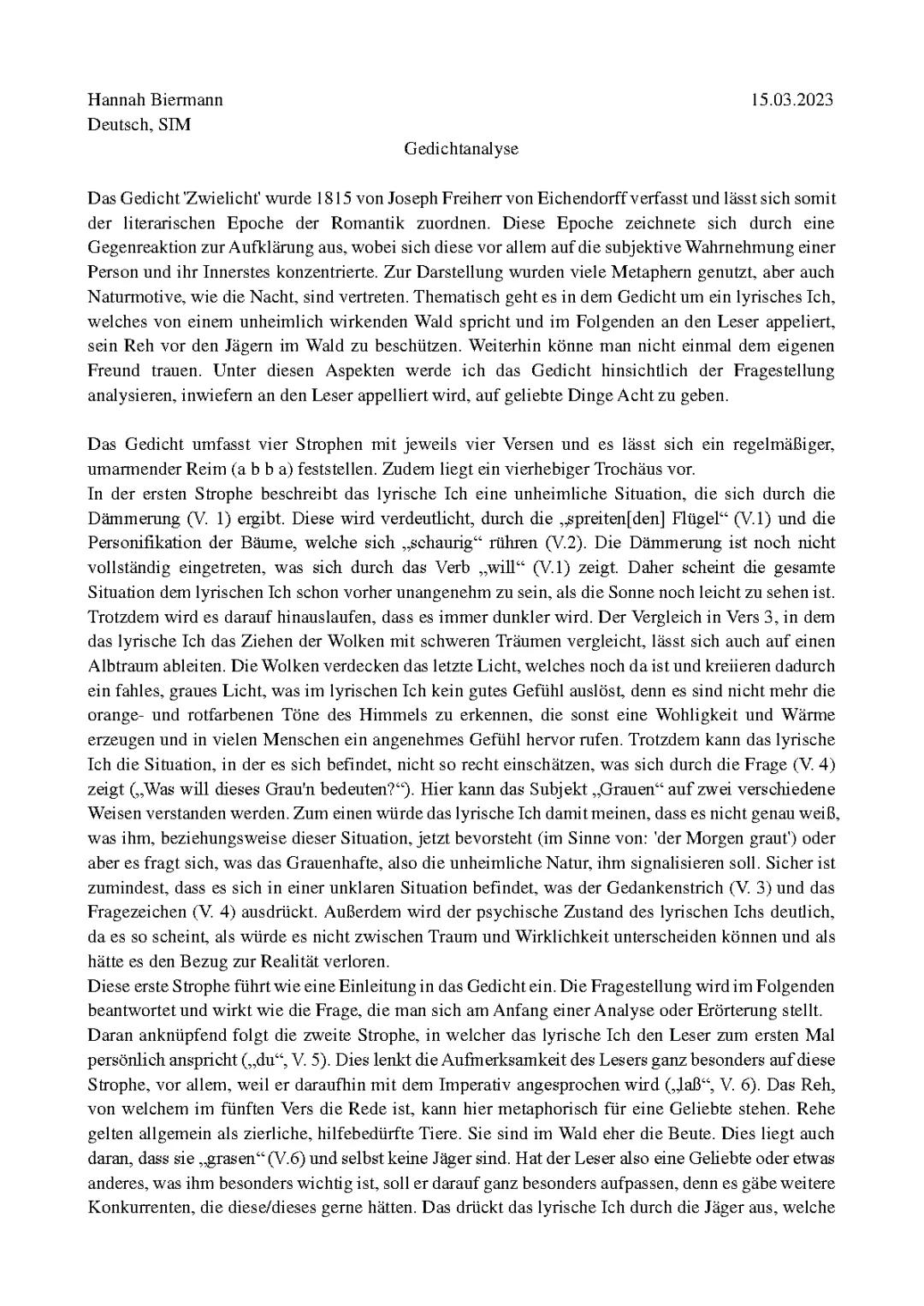 Gedichtsanalyse, Zwielicht, Joseph von Eichendorff