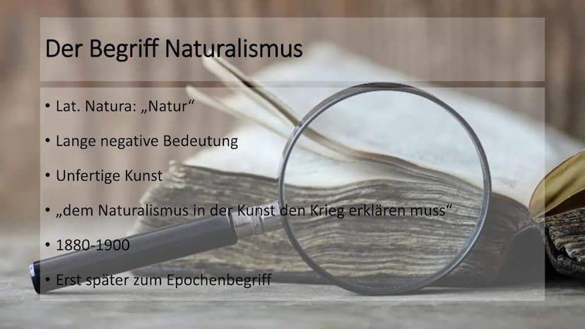 Naturalismus Epoche
Definition
lat. Natura: ,,Natur"
Zwischen 1880 und 1900
Naturalismus = detaillierte Darstellung der Wirklichkeit (Gesell