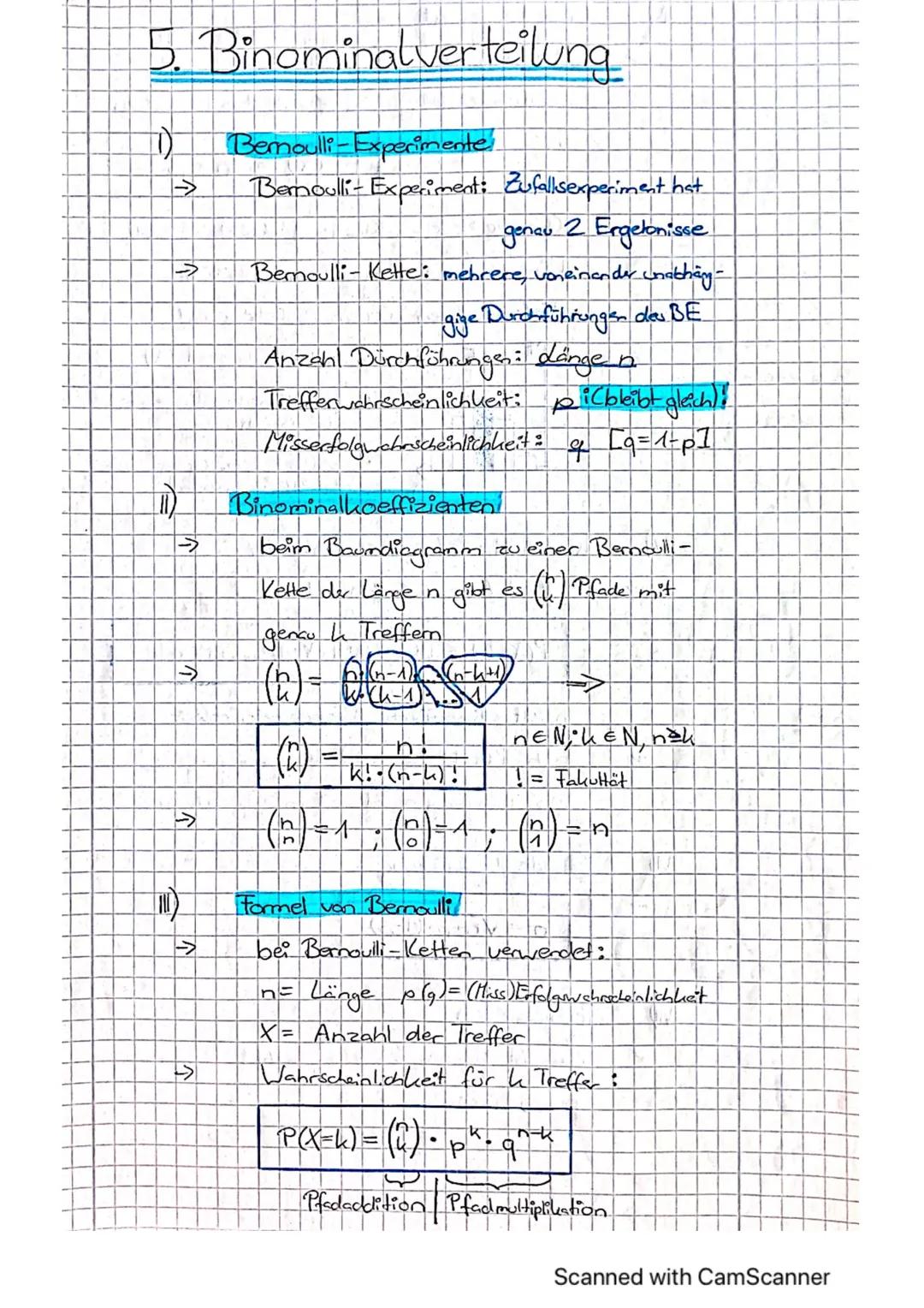 # 5. Binominalver teilung

1) Bemoulli-Experimente

→ Bemoulli-Experiment: Zufallsexperiment hat
genau 2 Ergelonisse

→ Bemoulli-Kette: mehr