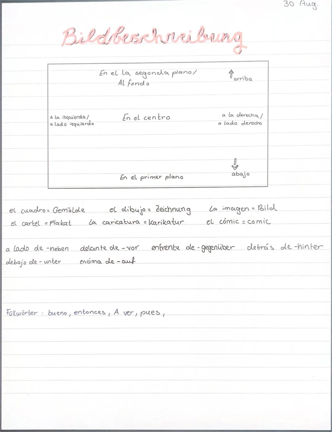 Bildbeschreibung

En el la segonda plano/
Al fondo

↑arriba

a la izquierda/
a Lado requierdo

En el centro

a la derecha/
a lado derecho


