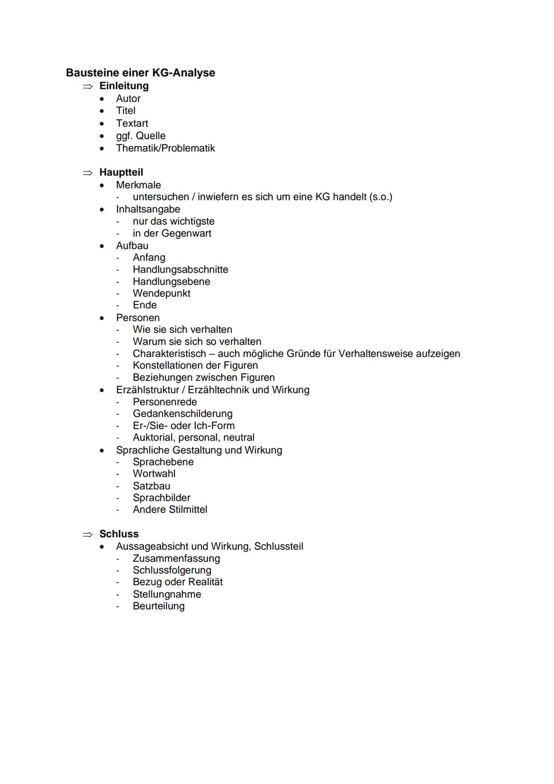 Deutsch Abschlussprüfung
Kurzgeschichtenanalyse
Merkmale
• offener Anfang, expositionsloser Anfang, unmittelbaren Einstieg
●
Alltagspersonen