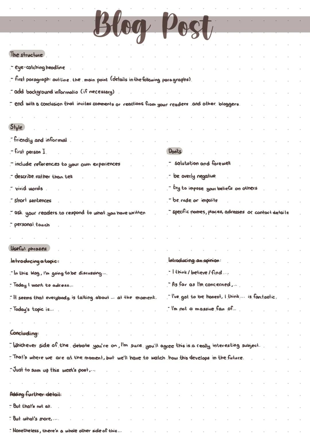 # Blog Post

## The structure
- eye-catching headline
- first paragraph: outline the main point (details in the following paragraphs).
- add