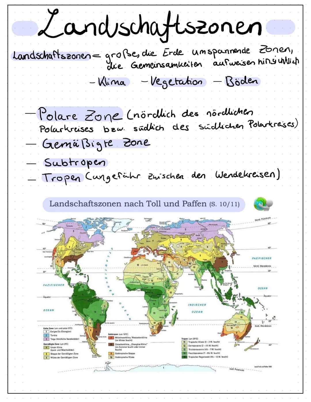 Landschaftszonen
Landschaftszonen = große, die Erde umspannende Zonen,
die Gemeinsamkeiten aufweisen hins Untlich
-Klima - Vegetation.
Böden