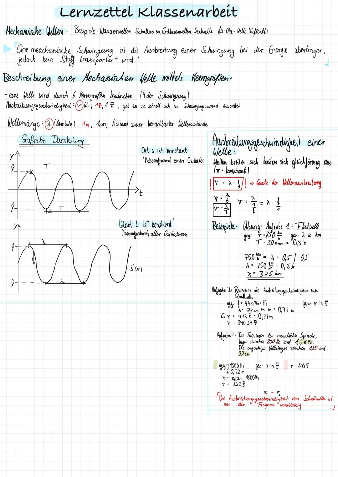 Lernzettel Klassenarbeit
Mechanische Wellen Beispiele: Wasserwellen, Schallwellen, Erdbebenwellen, Seilwelle La-Ola- Welli Hey Bball)
;
Eine