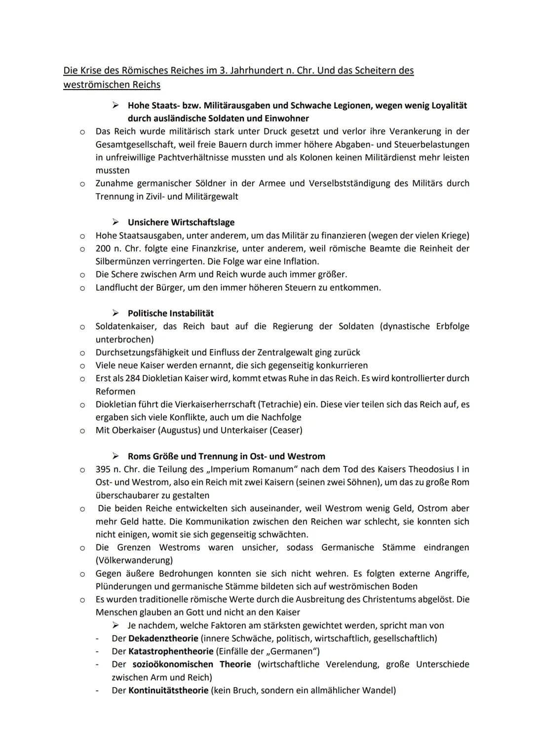 Die Krise des Römisches Reiches im 3. Jahrhundert n. Chr. Und das Scheitern des
weströmischen Reichs
O
O
Unsichere Wirtschaftslage
O Hohe St