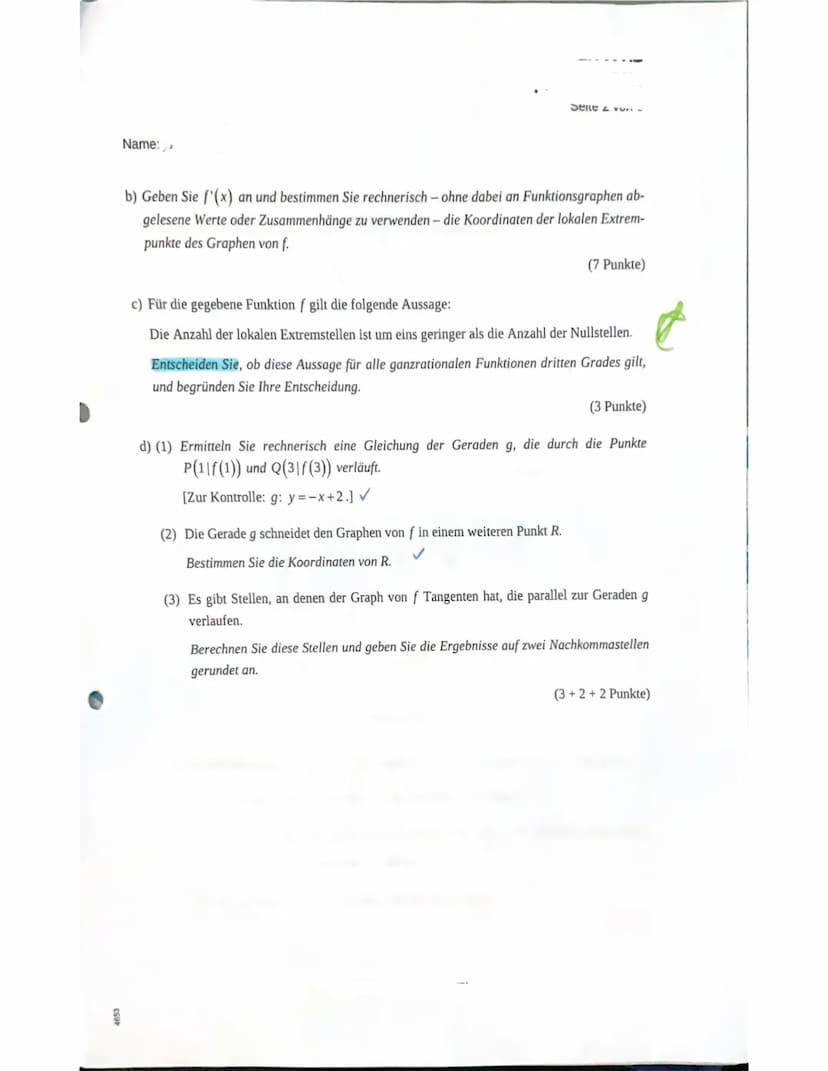 ESO
Name...
Zentrale Klaua.
Mathematik
Prüfungsteil A: Aufgaben ohne Hilfsmittel
Aufgabe 1:
Gegeben ist die Ableitungsfunktion f' mit
X
f' i