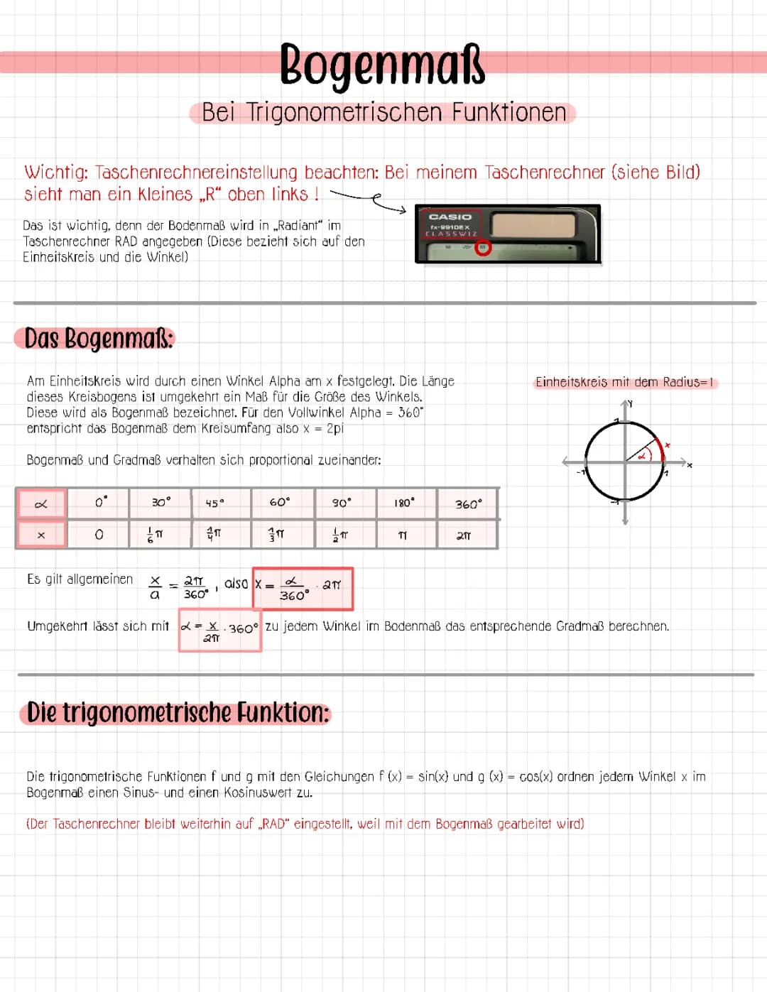 Das Bogenmaß (Thema: Trigonometrische Funktionen)