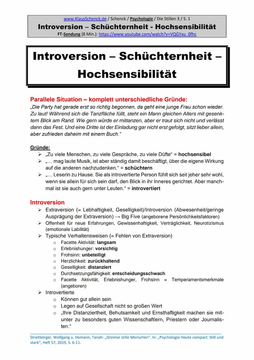 Introversion bei Schülern
www.KlausSchenck.de/ Schenck / Psychologie / Die Stillen 4 / S. 1
Introversion bei Schülern
FT-Sendung (8Min.): ht