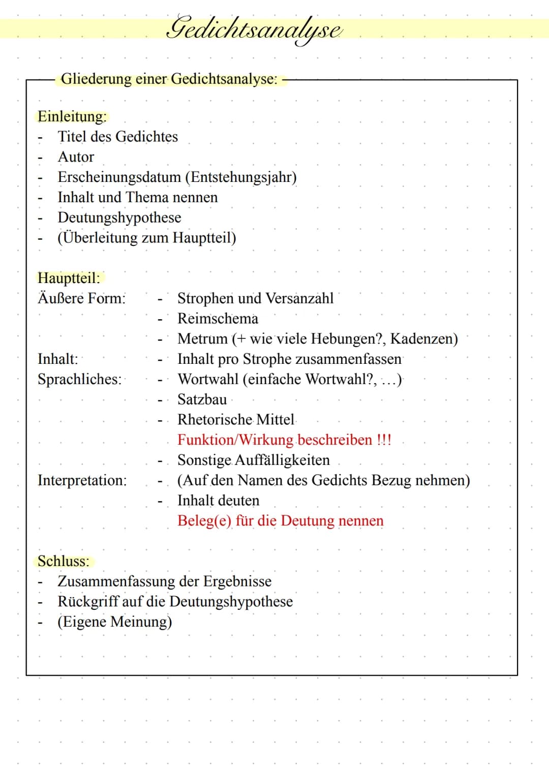 Gliederung einer Gedichtsanalyse:
Einleitung:
Titel des Gedichtes
Autor
Erscheinungsdatum (Entstehungsjahr)
Inhalt und Thema nennen
Deutungs