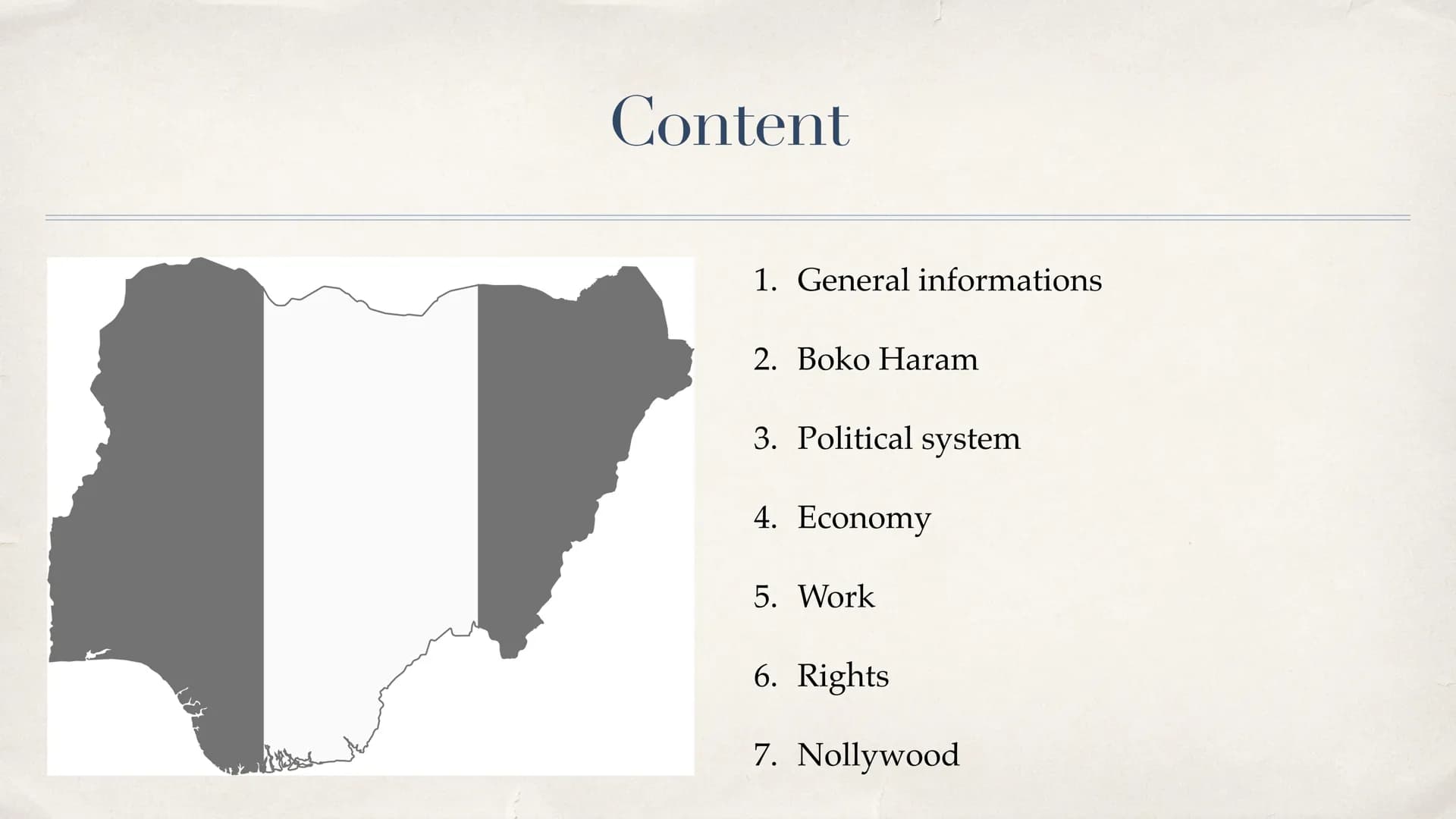 Nigeria
Hanna, Albina, Kristina, Nico
(2)
ALLGOT
12
INEC
EC 30 C
NOEPENGEN NATIONAL ECTORAL COSSION
OTINGNES
GRESS
RECIRECINEC Content
T
1. 