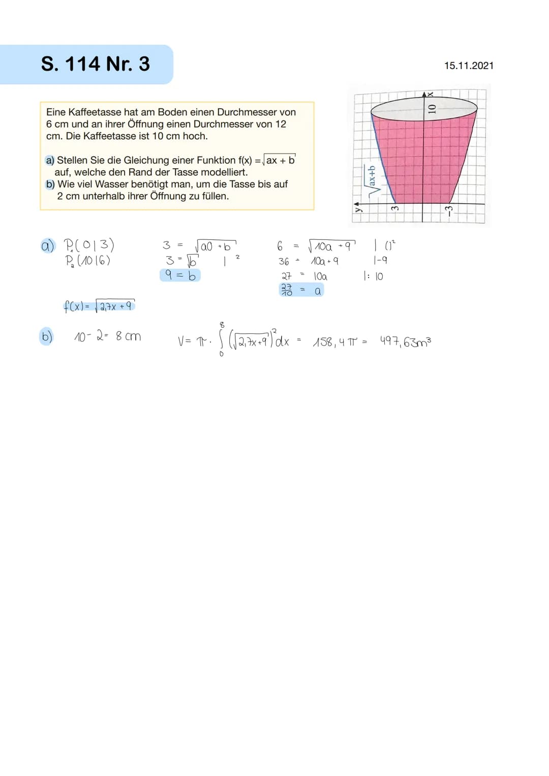 V = G⋅h
=
V =
Thir². h
Radius
f(x;)
بها
ir
T
5. Das Volumen von Rotationskörpern
πT. (f(x))² dx
•{(f(x))* dx
← Volumen vom Zylinder
Hohe
Bre