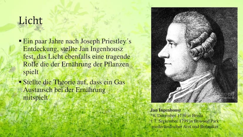 Die Geschichte der
Fotosynthese Gliederung
Erste Gedanken
Neuer Anfang
Experiment
Licht
Benannte Gase
Weitere Untersuchungen
Biochemische Sc