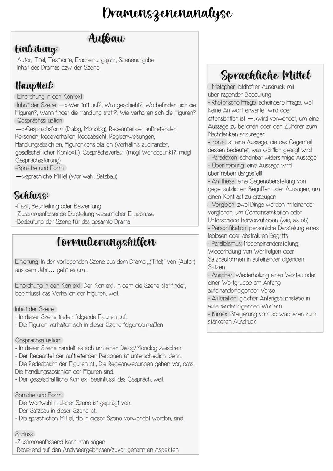 Dramenszenenanalyse
Aufbau
Einleitung:
-Autor, Titel, Textsorte, Erscheinungsjahr, Szenenangabe
-Inhalt des Dramas bzw. der Szene
Hauptteil: