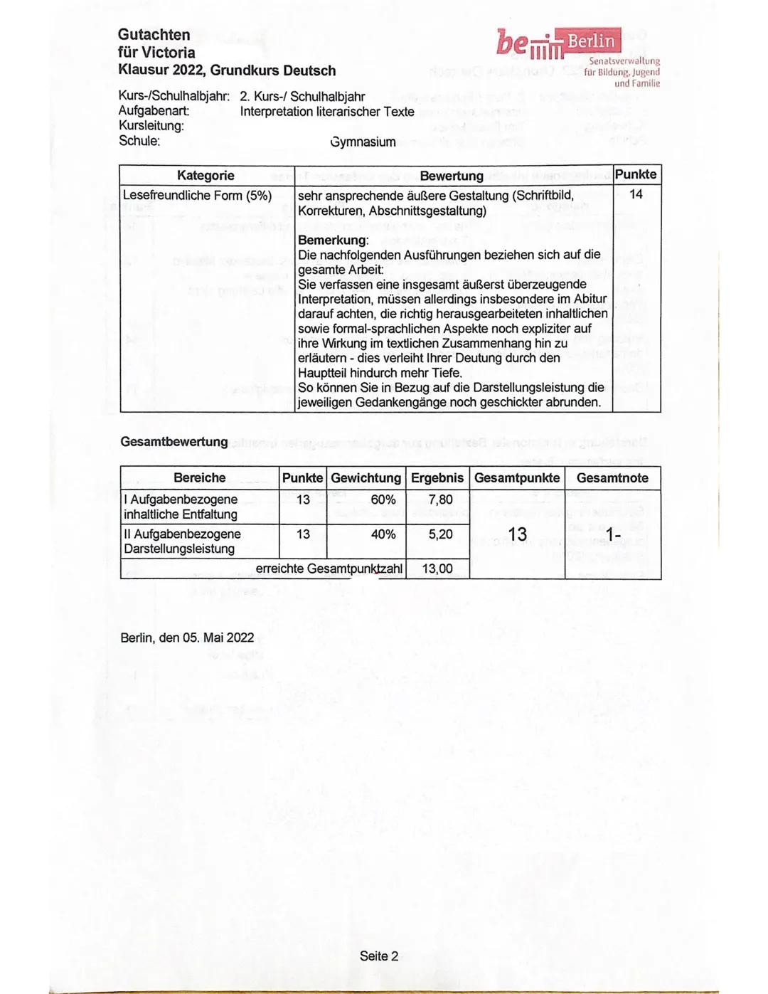 1
Aufgabenstellung
Bezug zum Rahmenlehrplan:
Aufgabenart:
Zugelassene Hilfsmittel:
Bearbeitungszeit:
Textgrundlage:
Aufgaben:
Vorname:
Victo