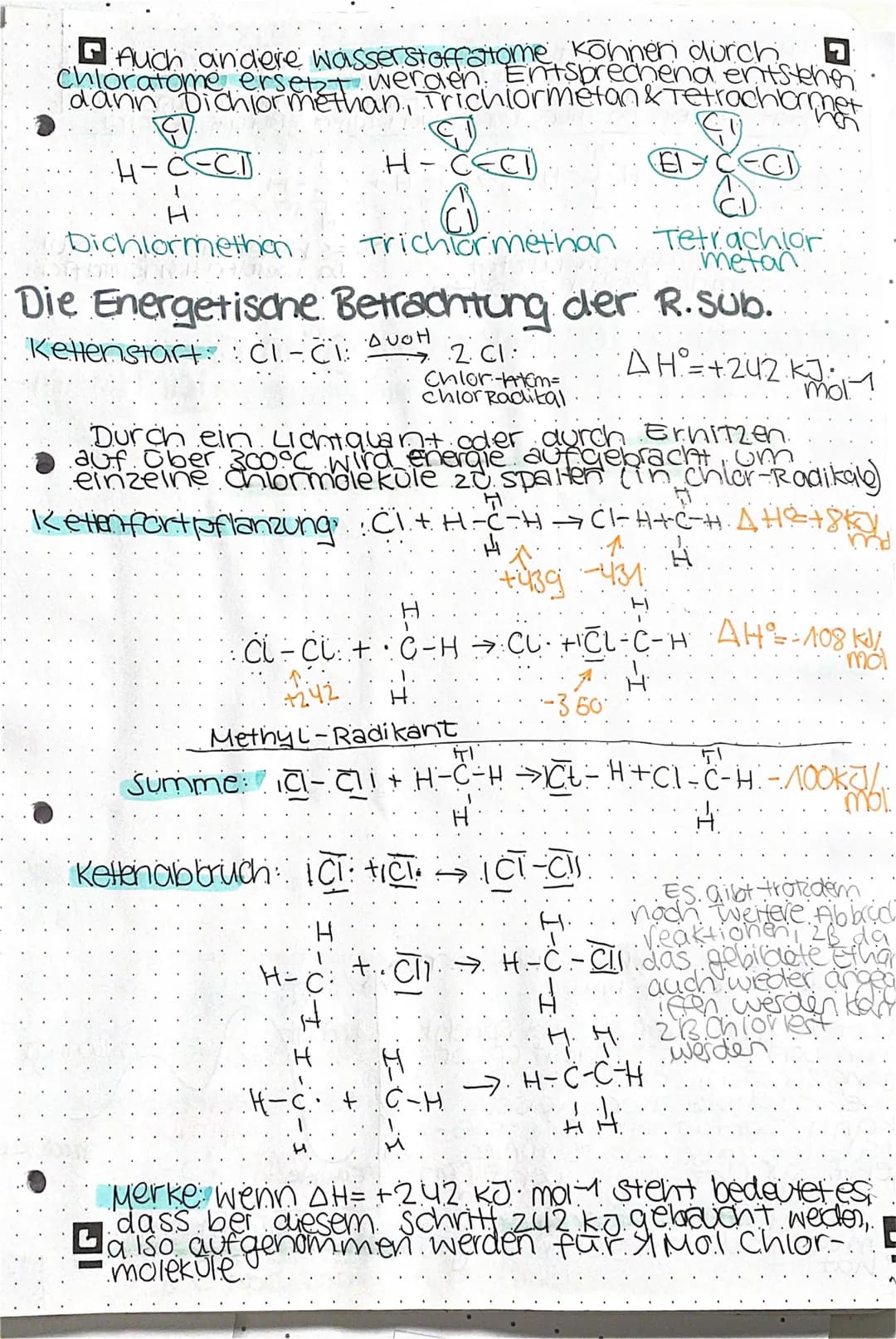 Auch andere Wasserstoffatome können durch.
Chloratome ersetzt werden. Entsprechend entstehen.
dann Dichlormethan, Trichlormetan & Tetrachlor