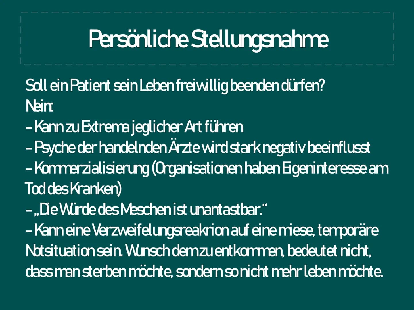 | Ethisches Problem Sterbehilfe
|
|
المسلمة
GK/wn2 Gliederung
1. Das Problem
2
3.
Deontologische Beurteilung
4. Teleologische Beurteilung
5.