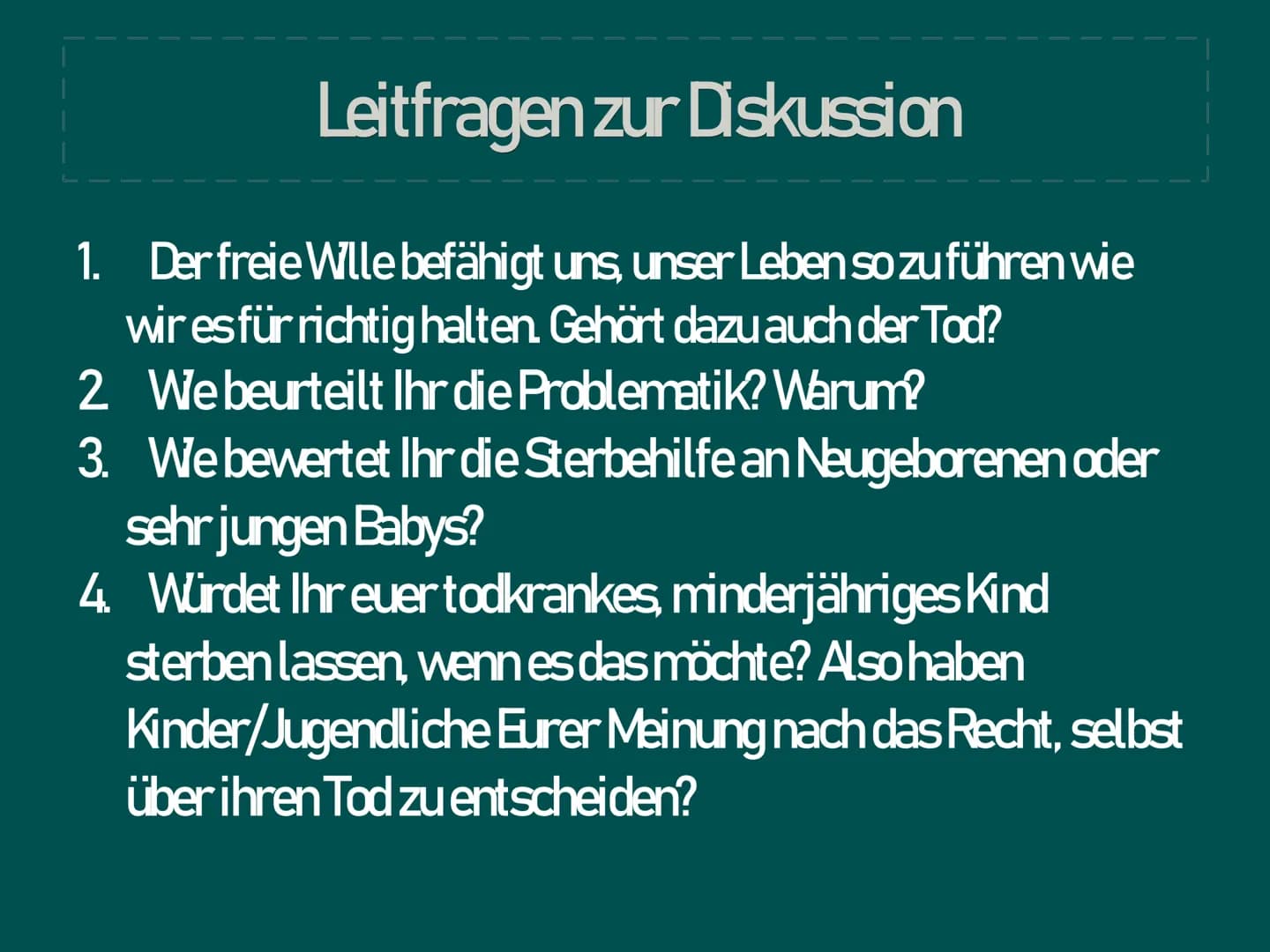 | Ethisches Problem Sterbehilfe
|
|
المسلمة
GK/wn2 Gliederung
1. Das Problem
2
3.
Deontologische Beurteilung
4. Teleologische Beurteilung
5.