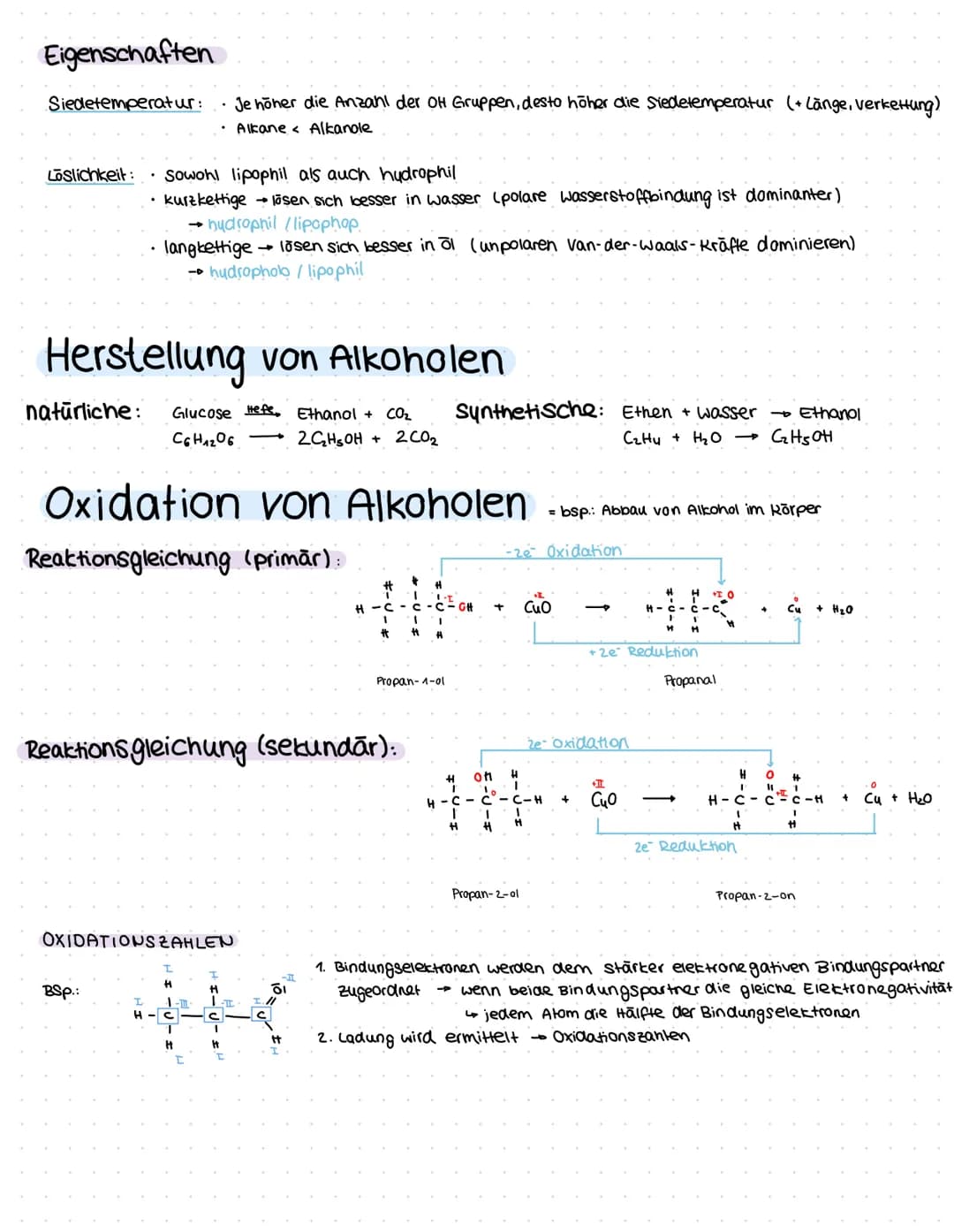 Alkanole (Alkohole)
Hydroxylgruppe = funktionelle Gruppe → polar
Alkylrest → unpolar
↳ je länger der Alkylrest ist, desto un polarer ist das