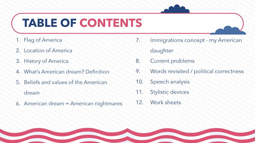 11
TEL
11
1
The American
Dream
1
1
1 TABLE OF CONTENTS
1. Flag of America
2. Location of America
3. History of America
4. What's American dr