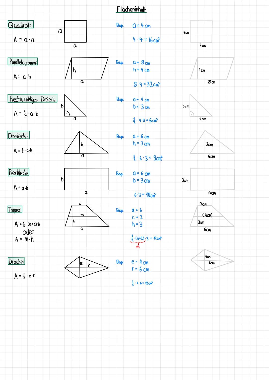 Flächeninhalt

Quadrat:

$A = a \cdot a$

Parallelogramm:

$A= a \cdot h$

Rechtwinkliges Dreieck

$A = \frac{1}{2} \cdot a \cdot b$

Dreiec
