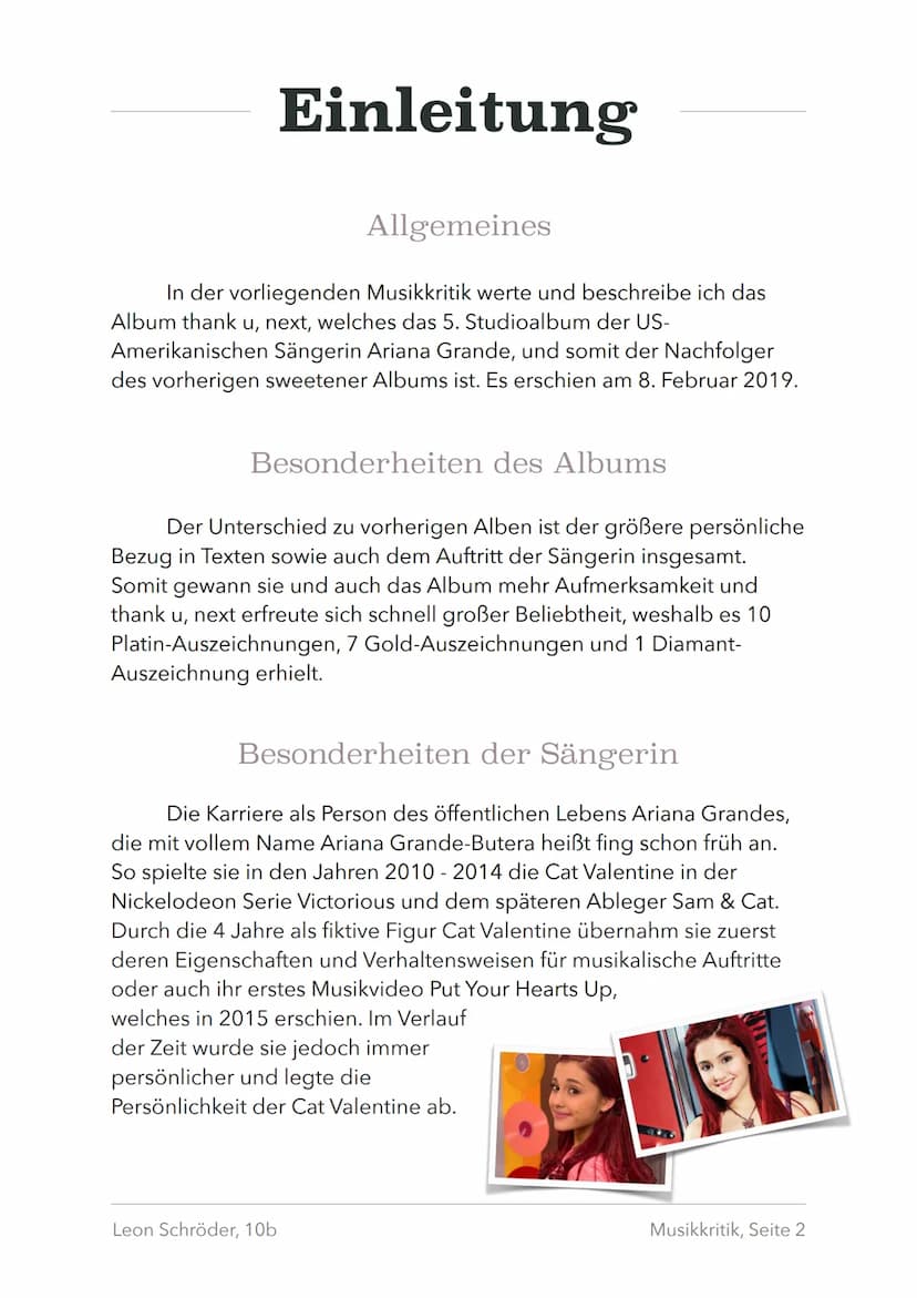 Musikkritik
thank u, next
Leon Schröder, 10b
EXPLICIT CONTENT
761499-
Musikkritik, Seite 1 Einleitung
Allgemeines
In der vorliegenden Musikk