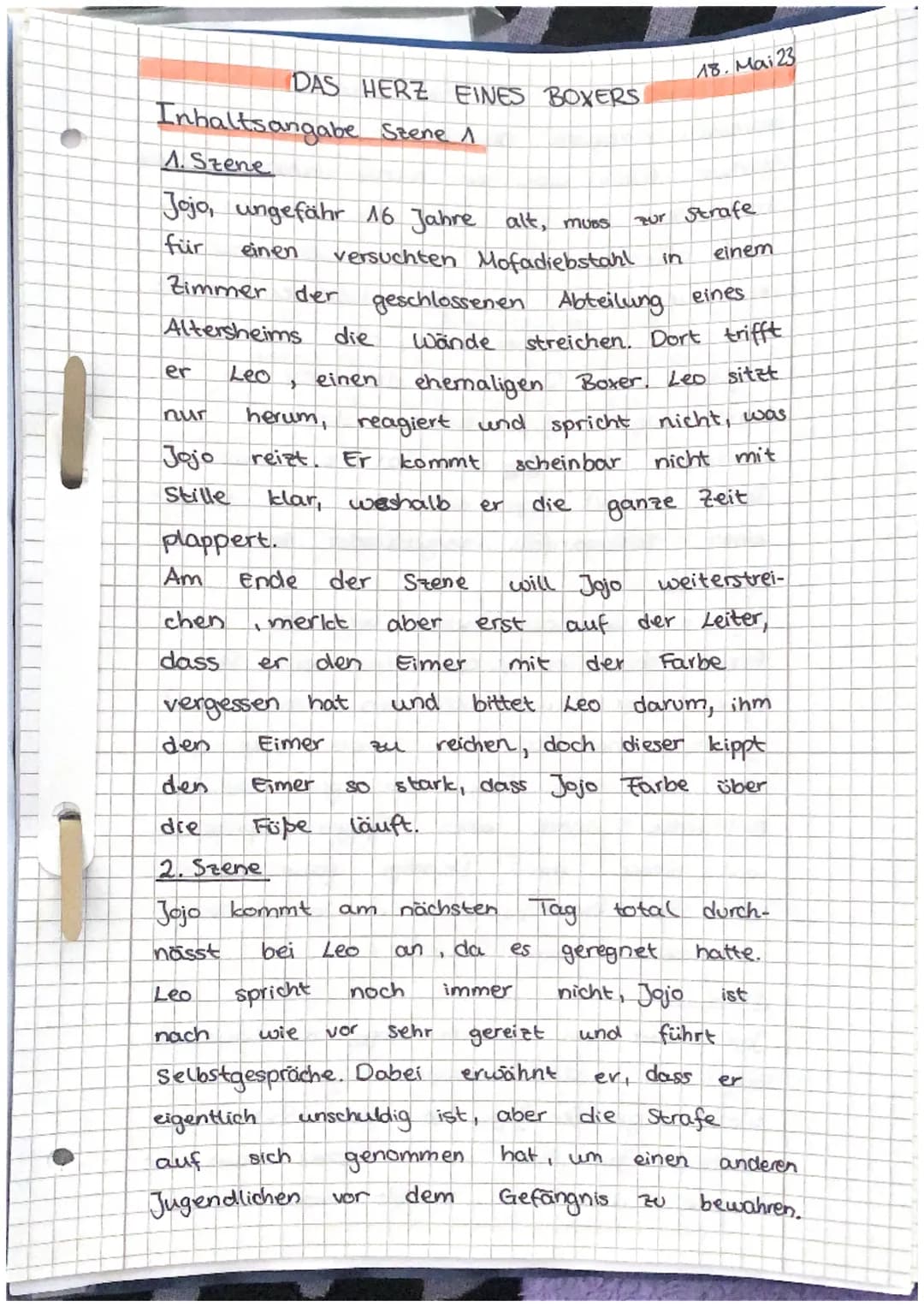 Inhaltsangabe Szene 1
1. Szene
Jojo, ungefähr 16 Jahre alt, muss
für
einen
er
DAS HERZ EINES BOXERS
Zimmer der
Altersheims
Leo
nur
Jojo
Stil