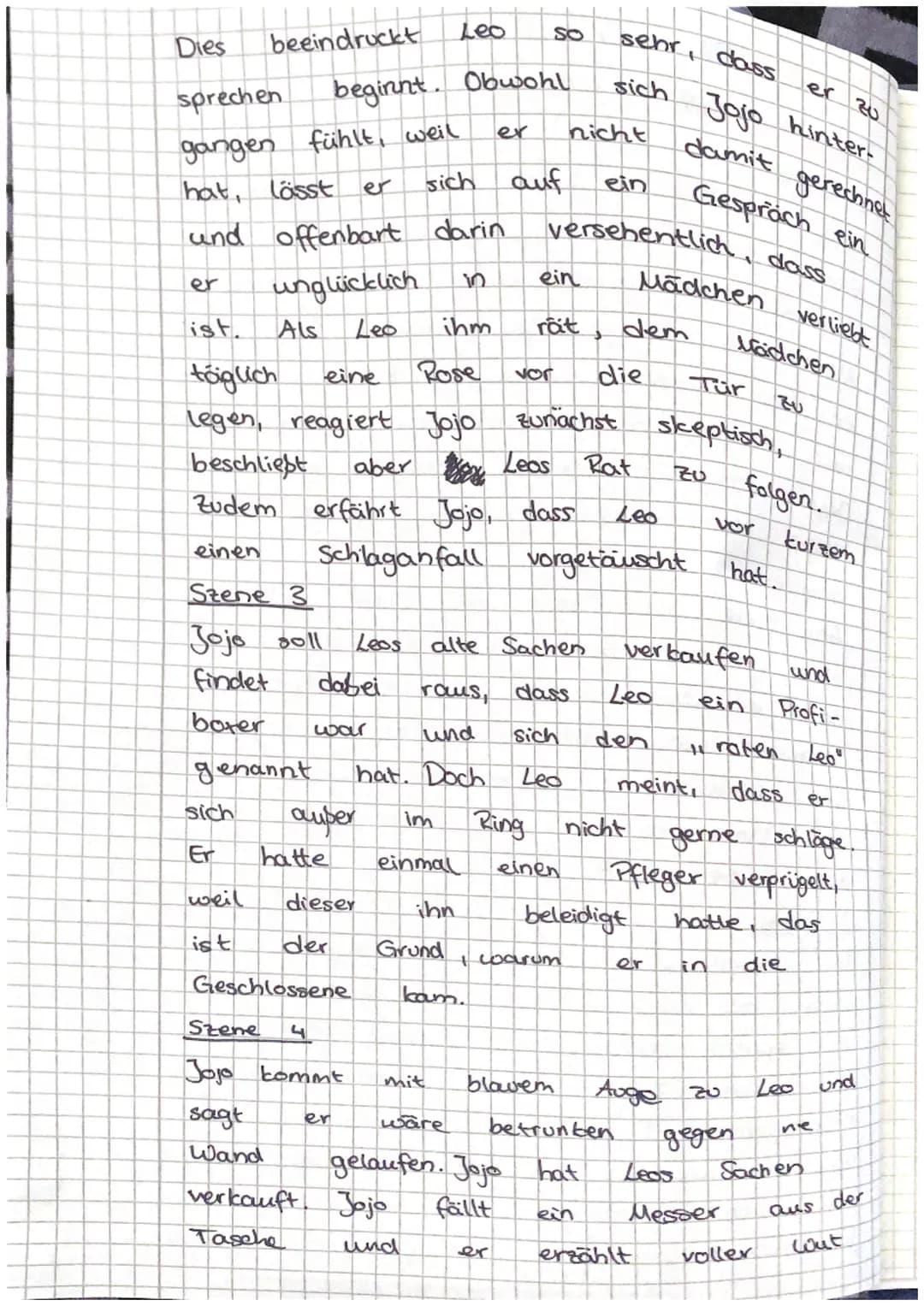 Inhaltsangabe Szene 1
1. Szene
Jojo, ungefähr 16 Jahre alt, muss
für
einen
er
DAS HERZ EINES BOXERS
Zimmer der
Altersheims
Leo
nur
Jojo
Stil