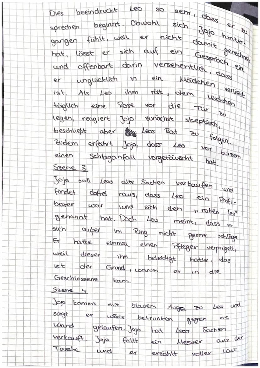 Inhaltsangabe Szene 1
1. Szene
Jojo, ungefähr 16 Jahre alt, muss
für
einen
er
DAS HERZ EINES BOXERS
Zimmer der
Altersheims
Leo
nur
Jojo
Stil